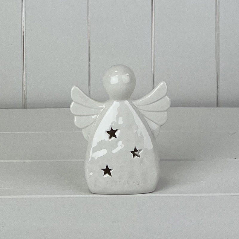 White Ceramic Angel Ornament with LED detail page